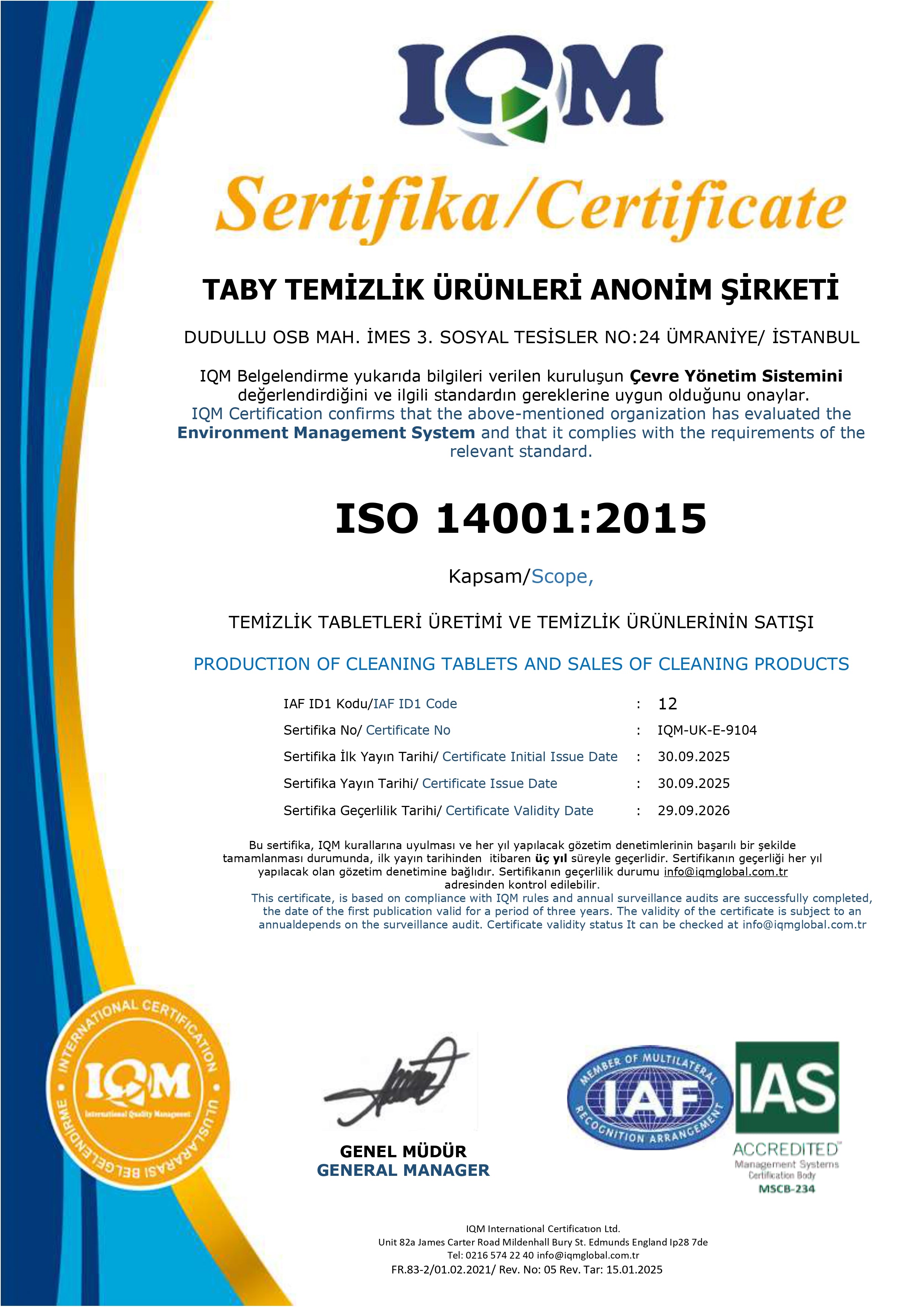 ISO 14001 IAS Sertifikası - Kapak
